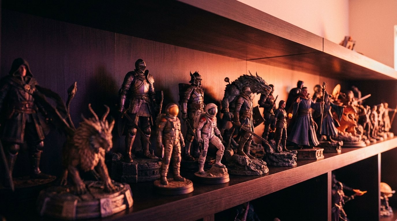 A long shelf of premium collectible figures under warm sunset lighting