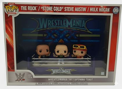 THE ROCK , STONE COLD Y HULK HOGAN WWE WRESTLEMANIA POP MOMENT DELUX FUNKO Ed 2024 OK