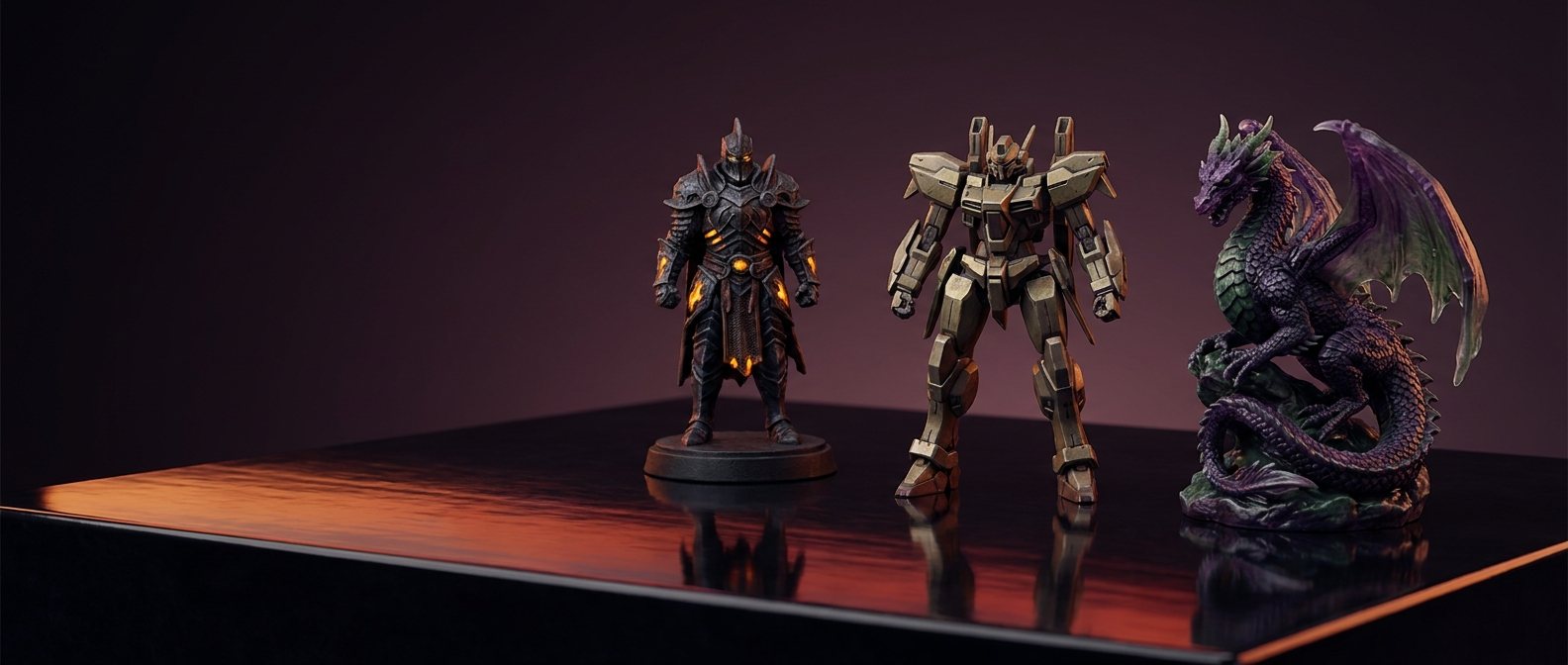 A curated collection of premium collectible figures and resin statues under warm sunset lighting