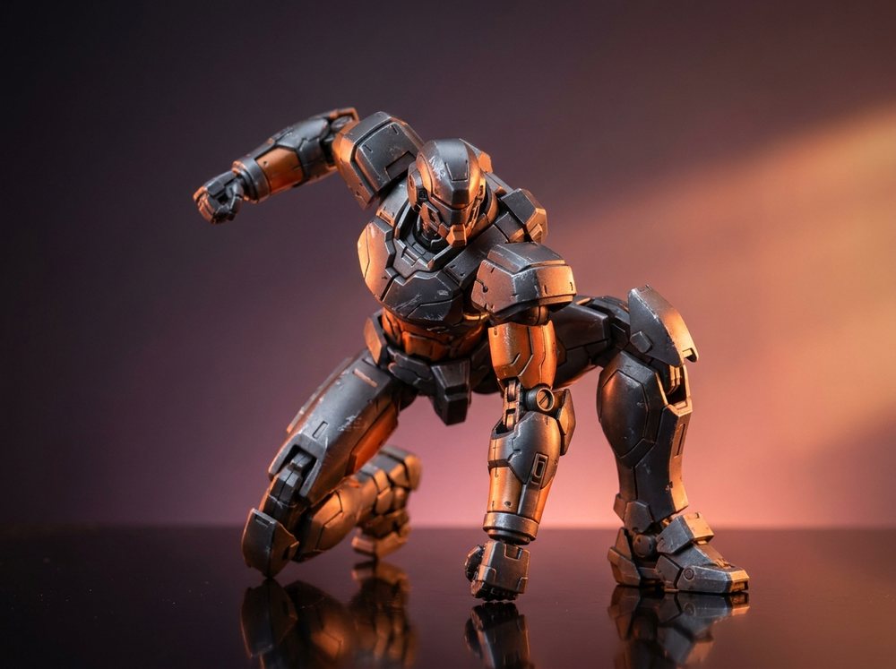Detailed collectible mecha robot figure under warm sunset lighting